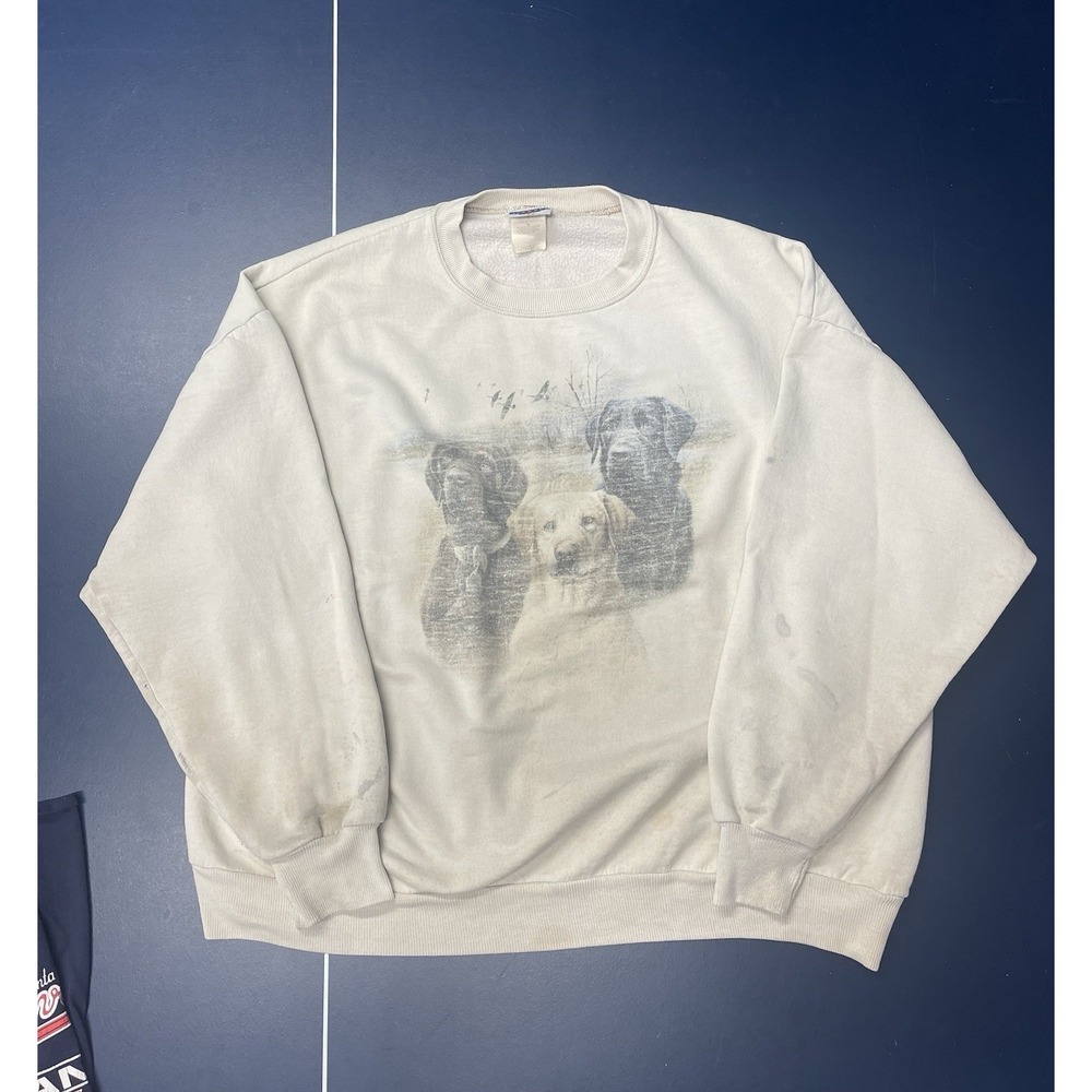 Vintage 90s Faded Sweatshirt Mens L Beige Labrador Dogs Hunting Crewneck